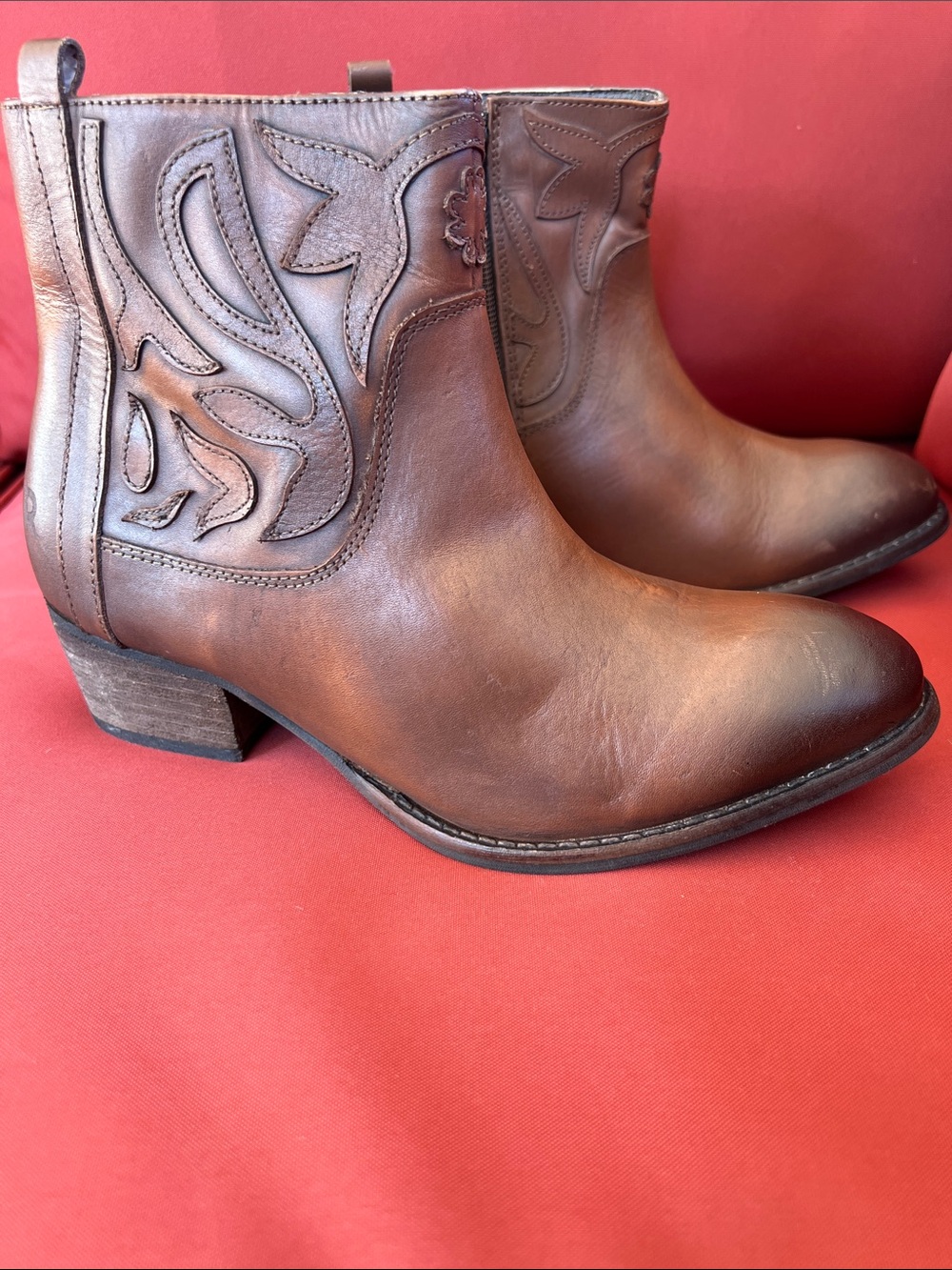 ROAN Burnished Tan Leather Ankle Booties with Hand-Stitched Western Detail